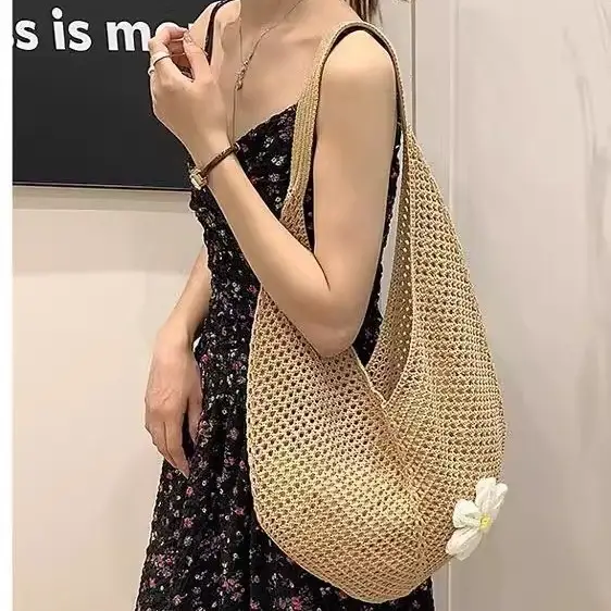 Red Knitted Shoulder Bag with Flower Decor for Women - Image 36