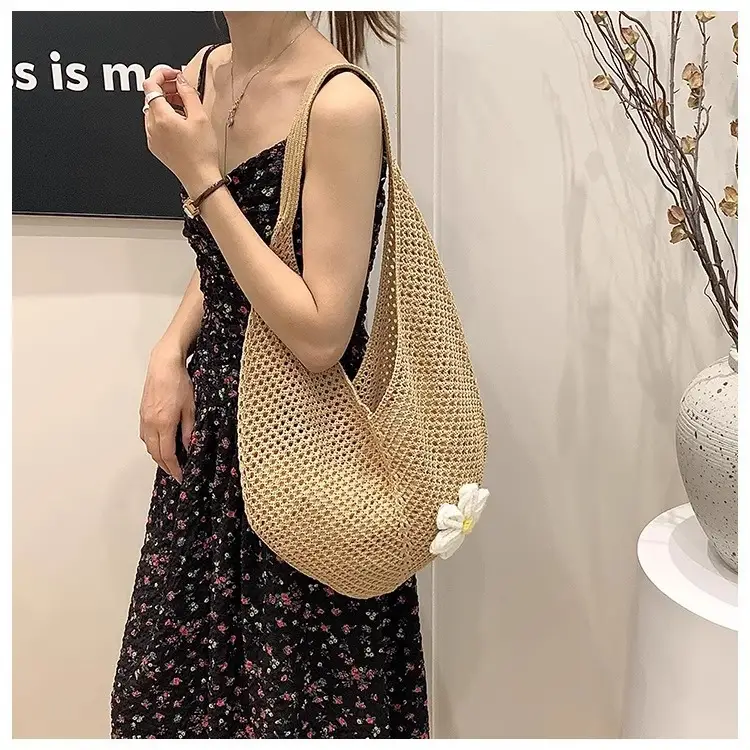 Red Knitted Shoulder Bag with Flower Decor for Women — feature 10