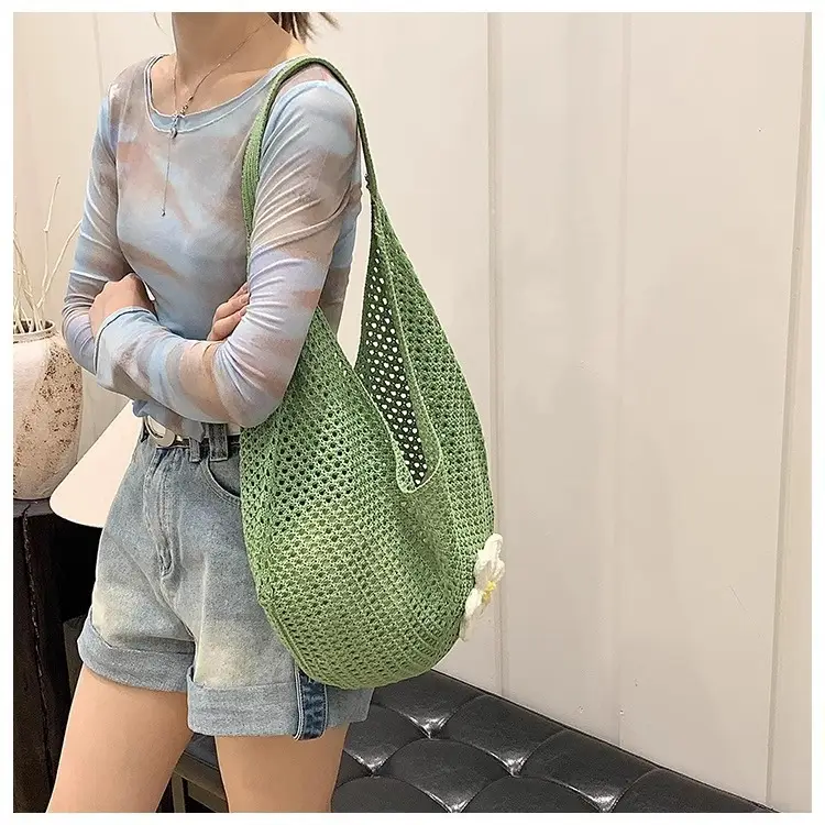 Red Knitted Shoulder Bag with Flower Decor for Women — feature 12