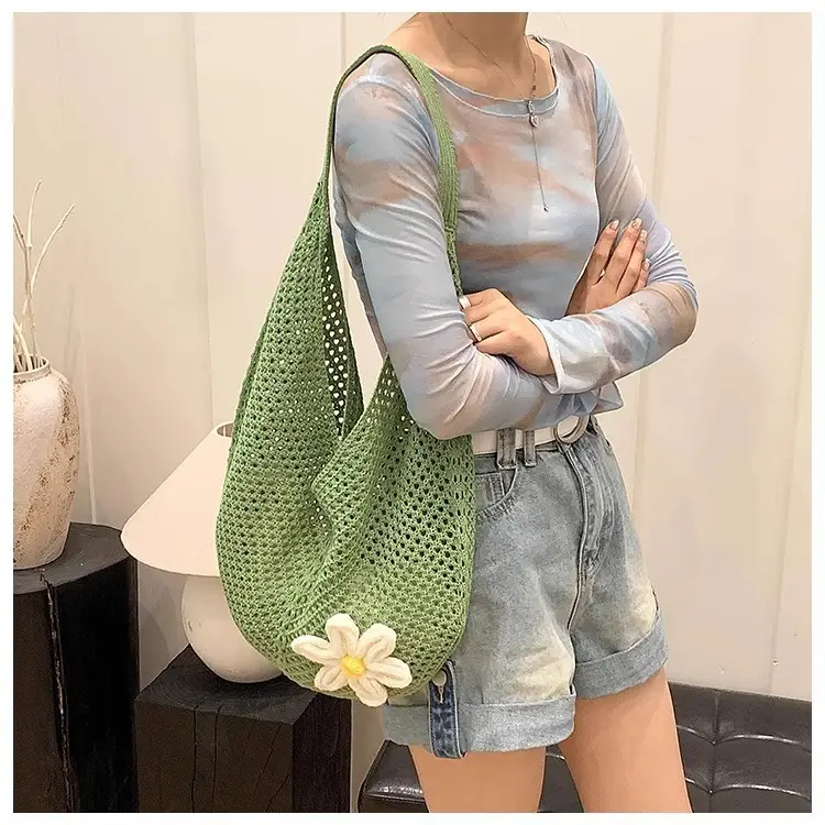 Red Knitted Shoulder Bag with Flower Decor for Women — feature 13