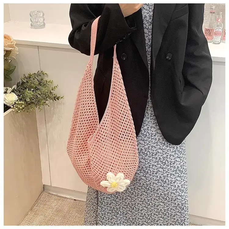 Red Knitted Shoulder Bag with Flower Decor for Women — feature 14