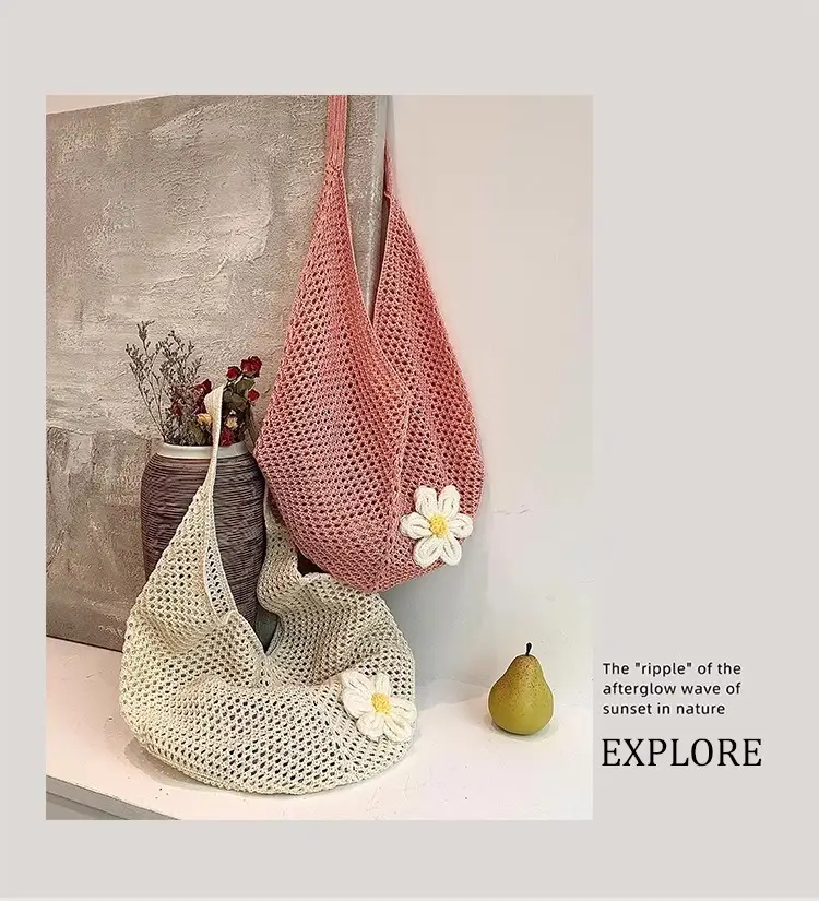 Red Knitted Shoulder Bag with Flower Decor for Women — feature 3