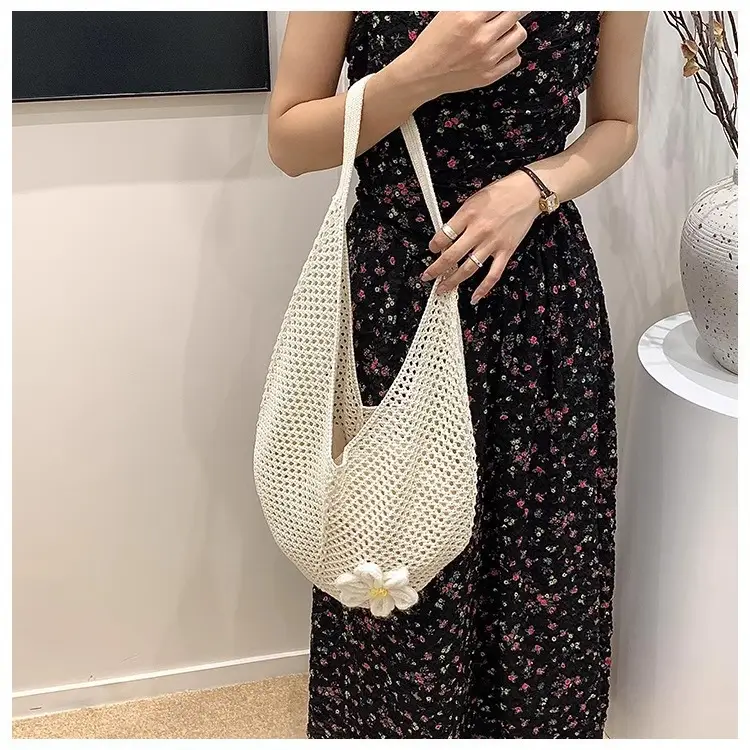 Red Knitted Shoulder Bag with Flower Decor for Women — feature 8