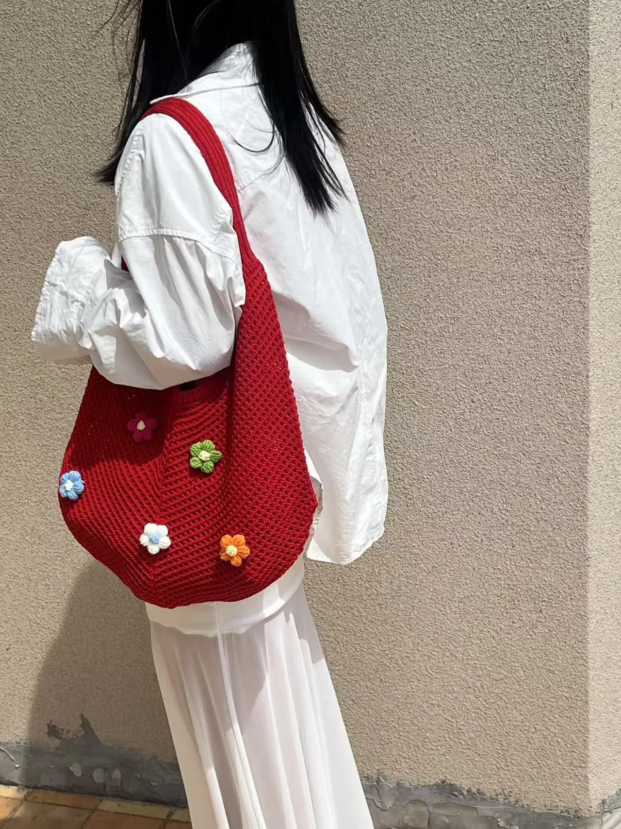 Red Knitted Shoulder Bag with Flower Decor for Women - Image 12