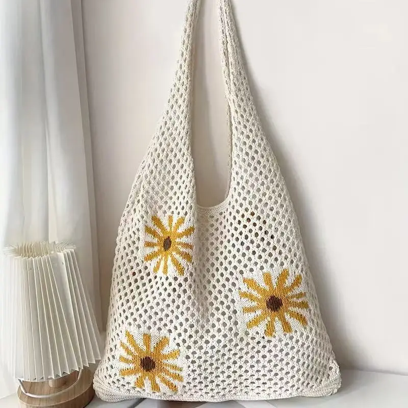 Red Knitted Shoulder Bag with Flower Decor for Women - Image 22