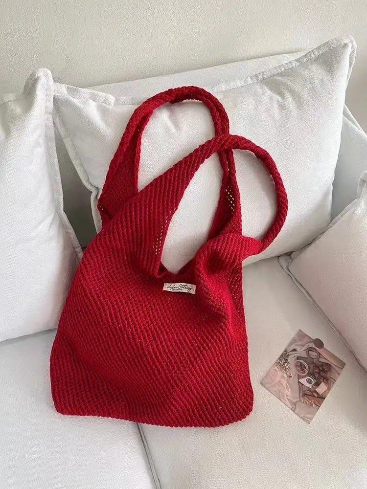 Red Knitted Shoulder Bag with Flower Decor for Women - Image 25