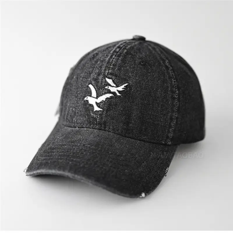 Men's Black Denim Cap with Seagull Embroidery