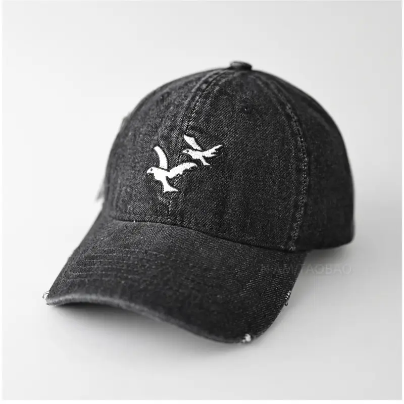 Men's Black Denim Cap with Seagull Embroidery