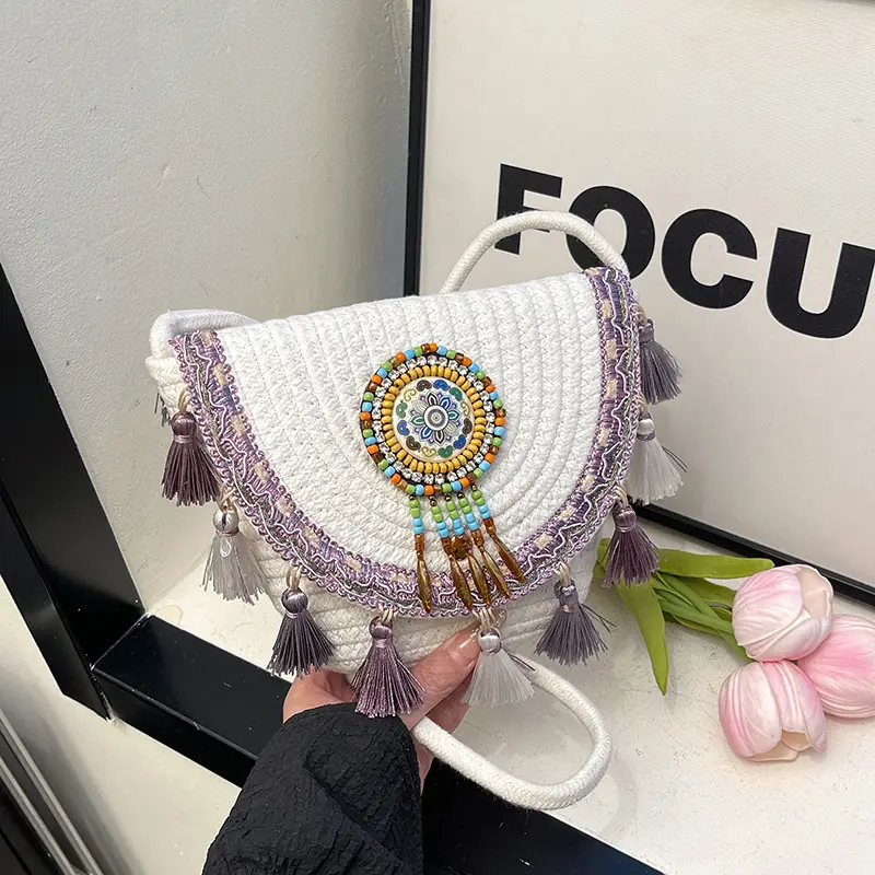 Women's Woven Tassel Crossbody Bag White Purple - Image 4