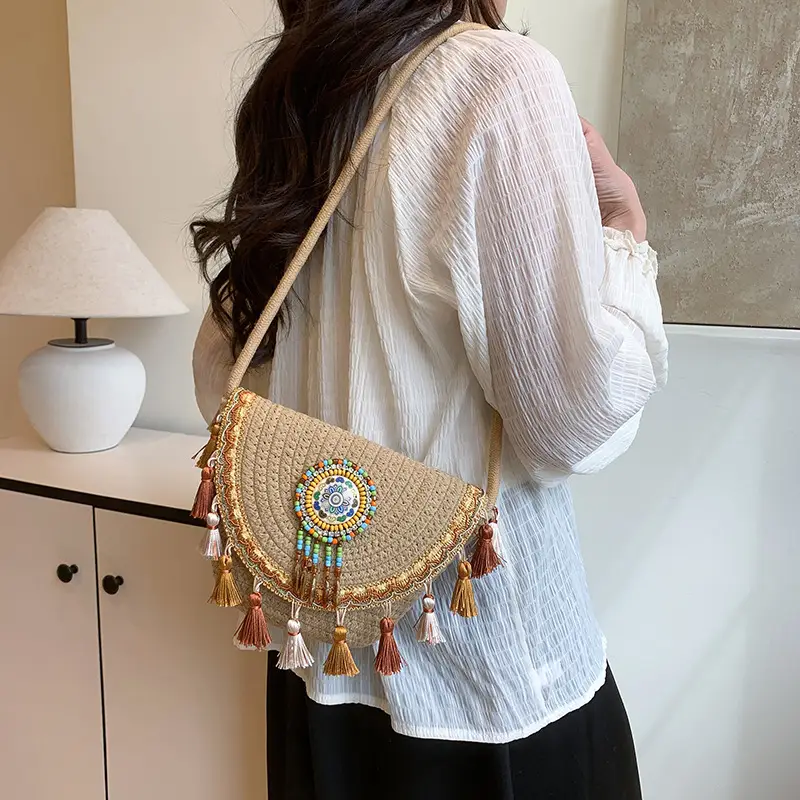 Women's Woven Tassel Crossbody Bag White Purple - Image 5
