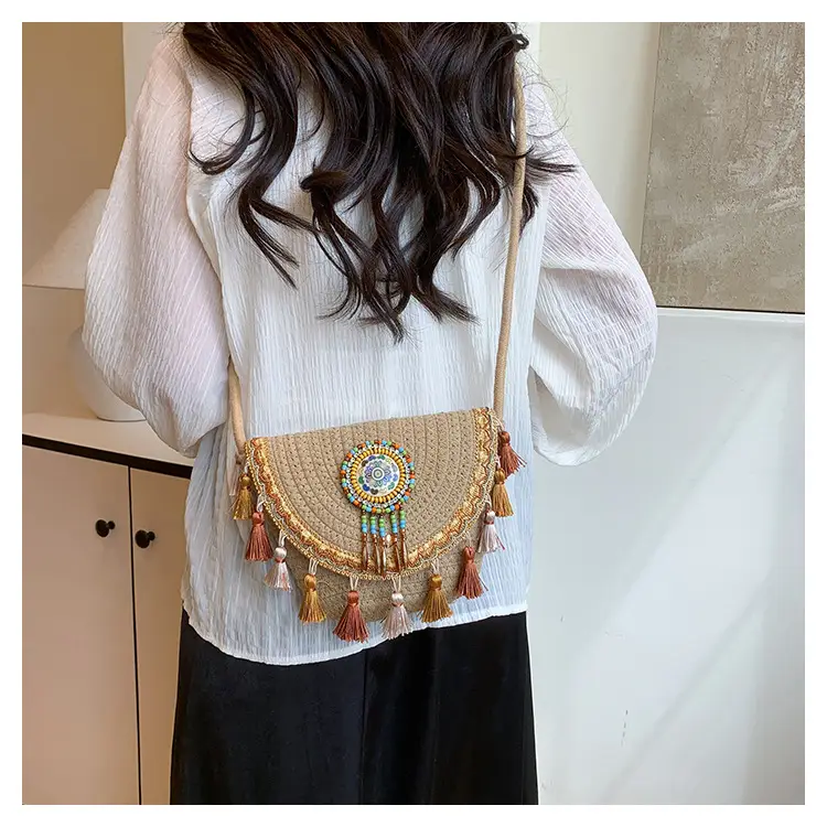 Women's Woven Tassel Crossbody Bag White Purple — feature 12