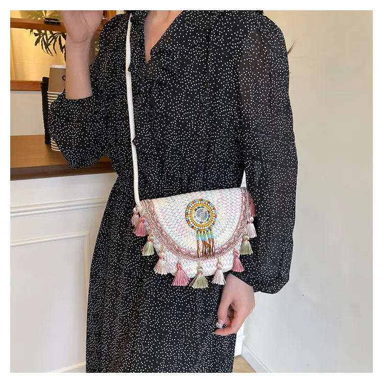 Women's Woven Tassel Crossbody Bag White Purple — feature 14