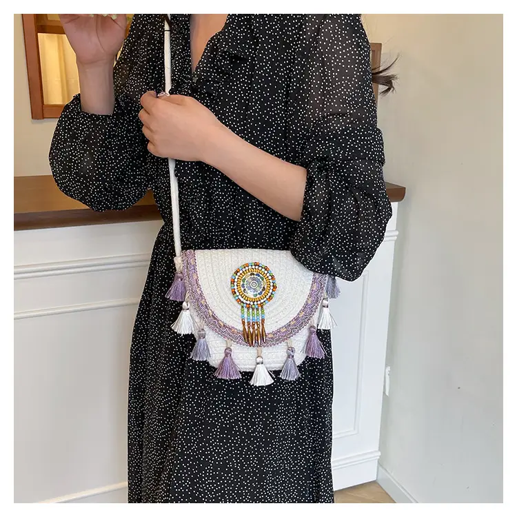 Women's Woven Tassel Crossbody Bag White Purple — feature 16