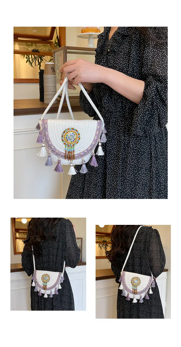 Women's Woven Tassel Crossbody Bag White Purple — feature 20