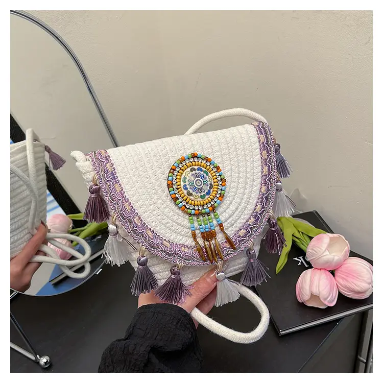 Women's Woven Tassel Crossbody Bag White Purple — feature 21