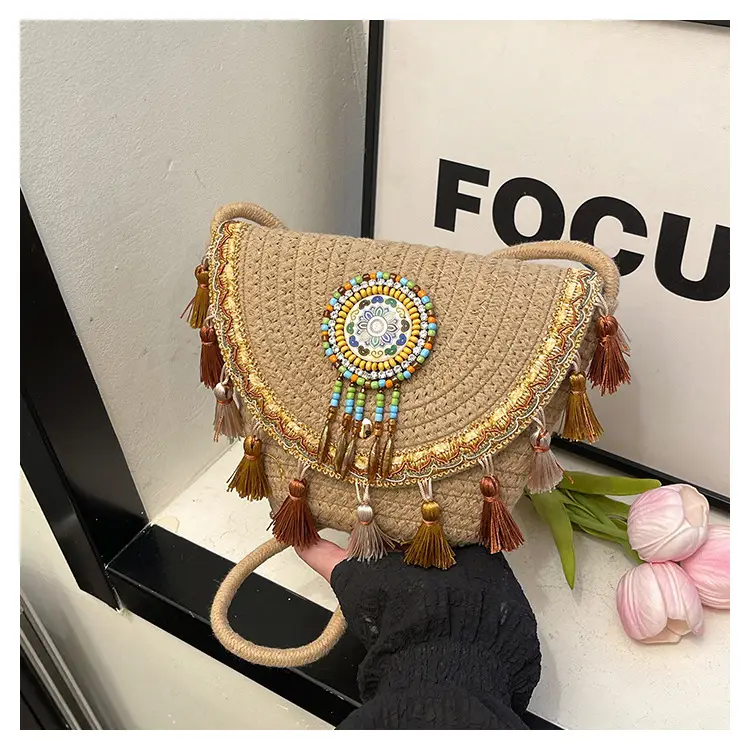 Women's Woven Tassel Crossbody Bag White Purple — feature 23