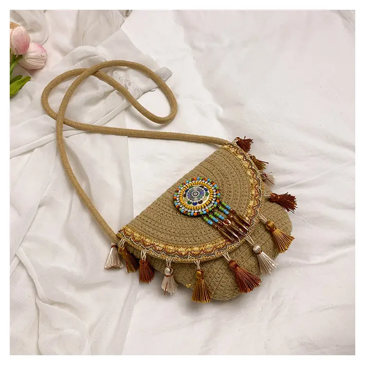 Women's Woven Tassel Crossbody Bag White Purple — feature 25