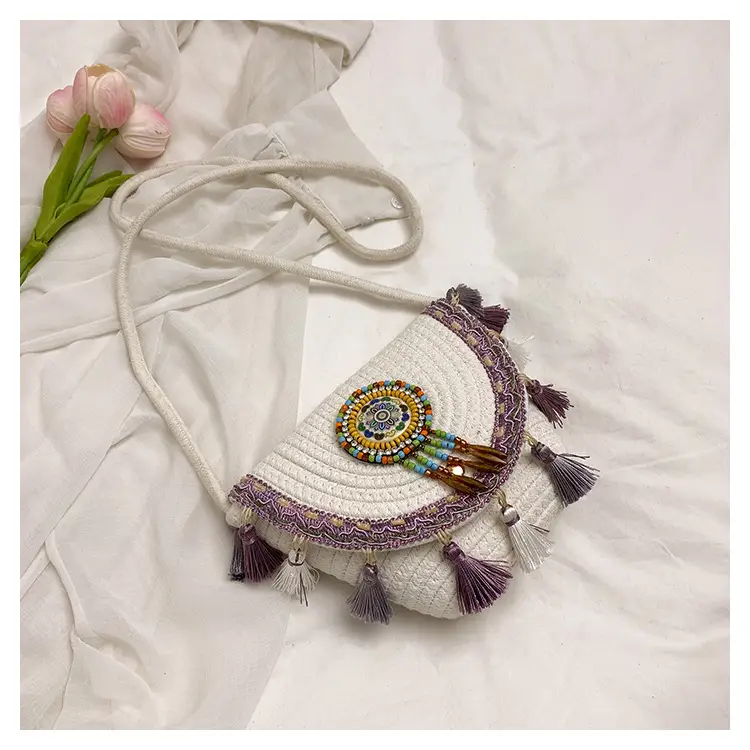 Women's Woven Tassel Crossbody Bag White Purple — feature 26