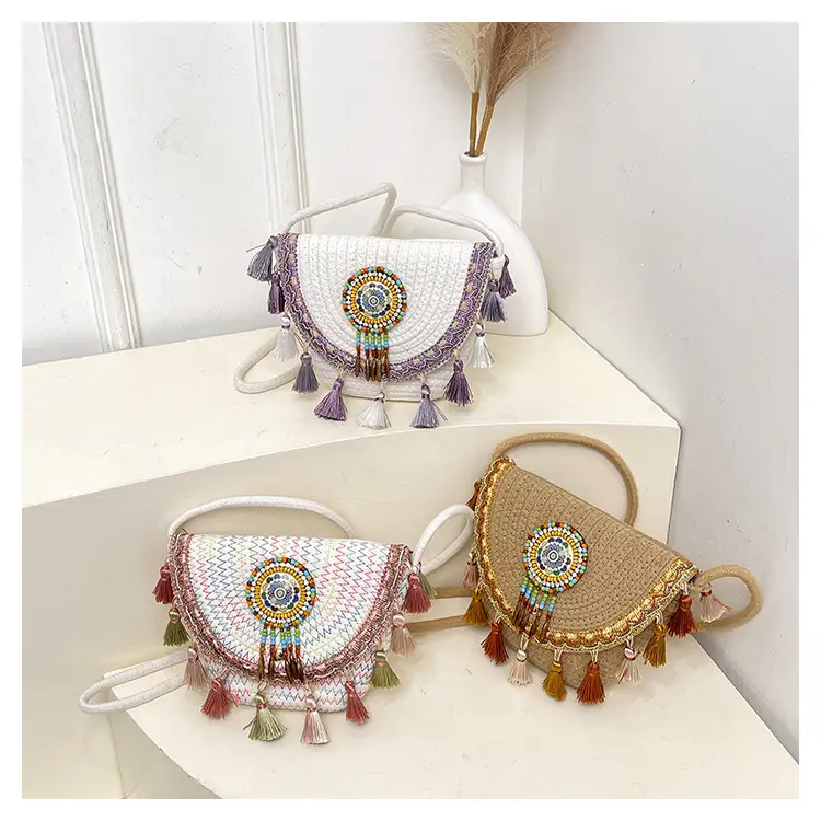 Women's Woven Tassel Crossbody Bag White Purple — feature 27