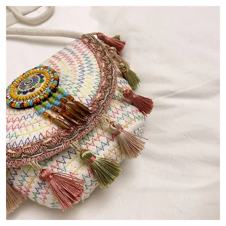Women's Woven Tassel Crossbody Bag White Purple — feature 6