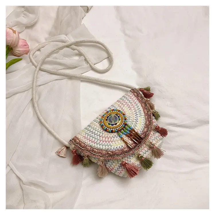 Women's Woven Tassel Crossbody Bag White Purple — feature 7
