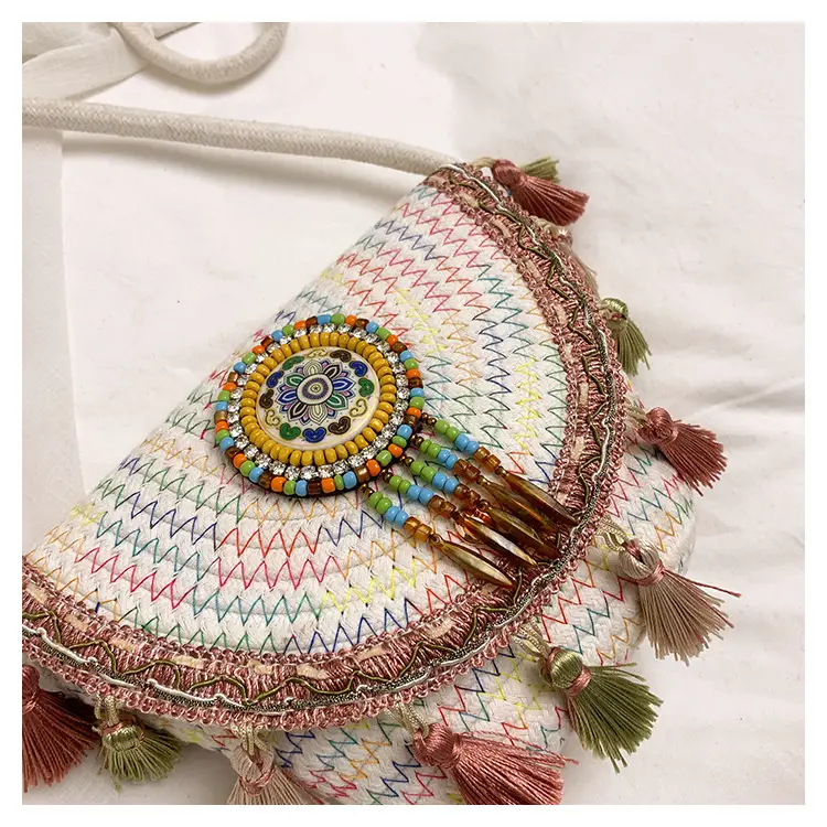 Women's Woven Tassel Crossbody Bag White Purple — feature 8