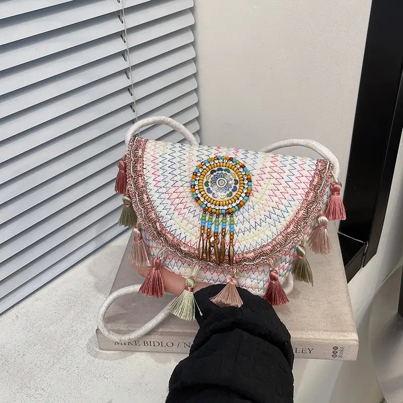 Women's Woven Tassel Crossbody Bag White Purple - Image 2