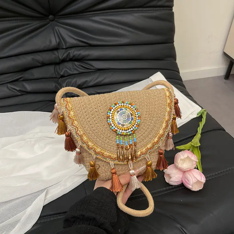 Women's Woven Tassel Crossbody Bag White Purple - Image 3