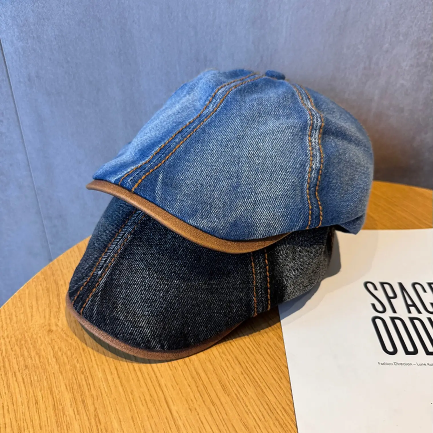 2025 New American Denim Retro Topstitched Leather Brim Forward Hat Women's Peaked Cap Beret Newsboy Hat Trendy Men - Image 6