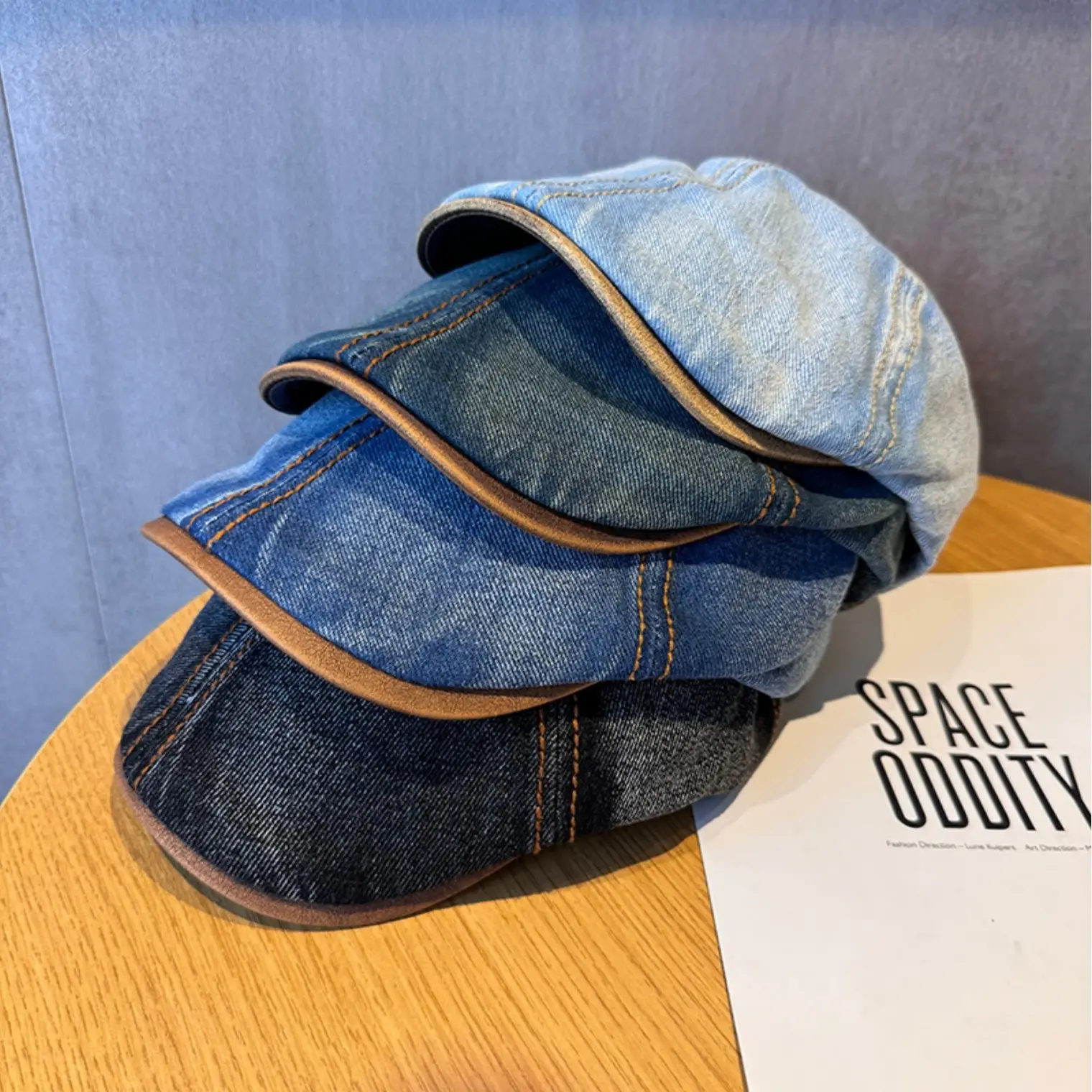 2025 New American Denim Retro Topstitched Leather Brim Forward Hat Women's Peaked Cap Beret Newsboy Hat Trendy Men - Image 7