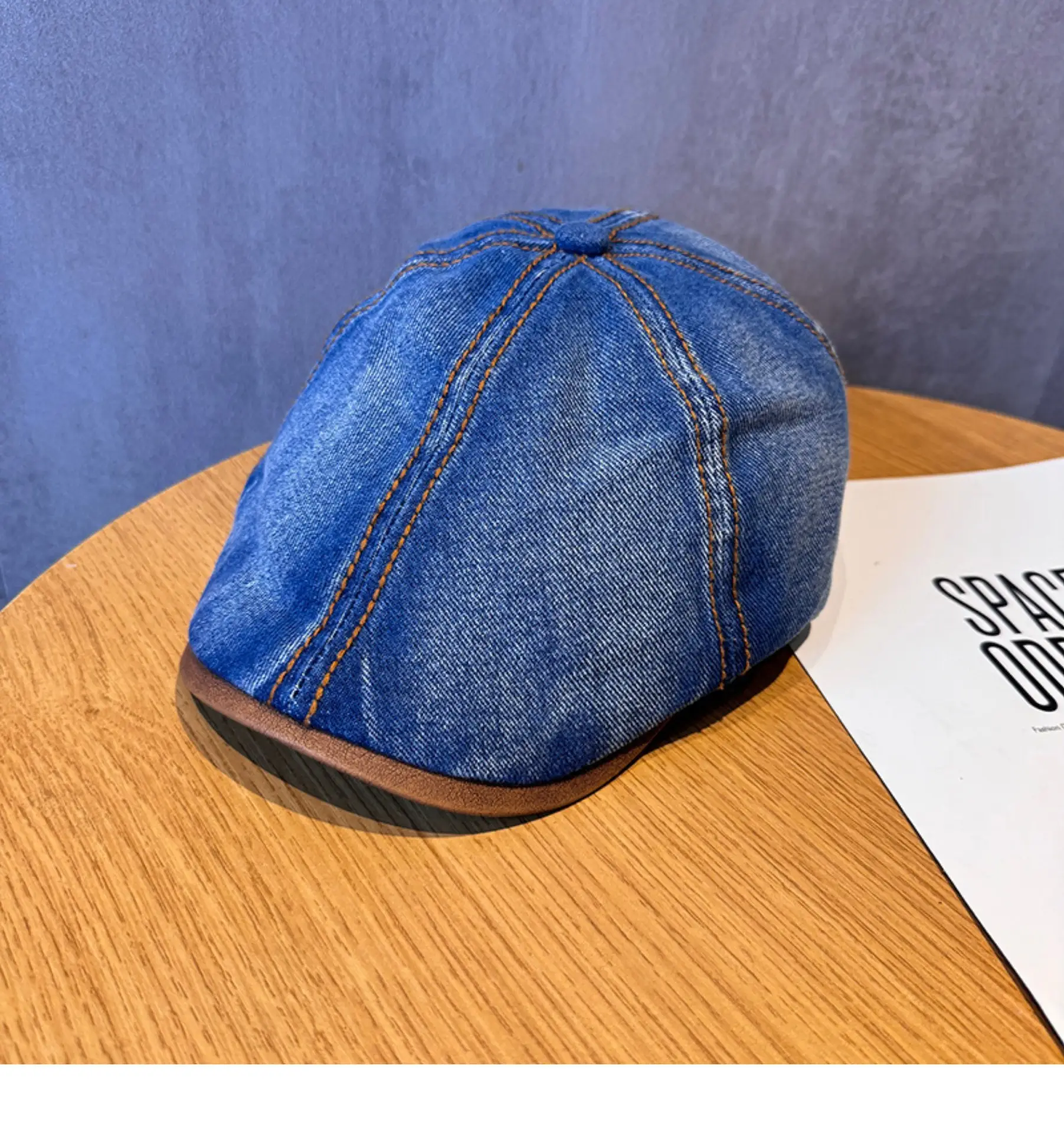 2025 New American Denim Retro Topstitched Leather Brim Forward Hat Women's Peaked Cap Beret Newsboy Hat Trendy Men - Image 2