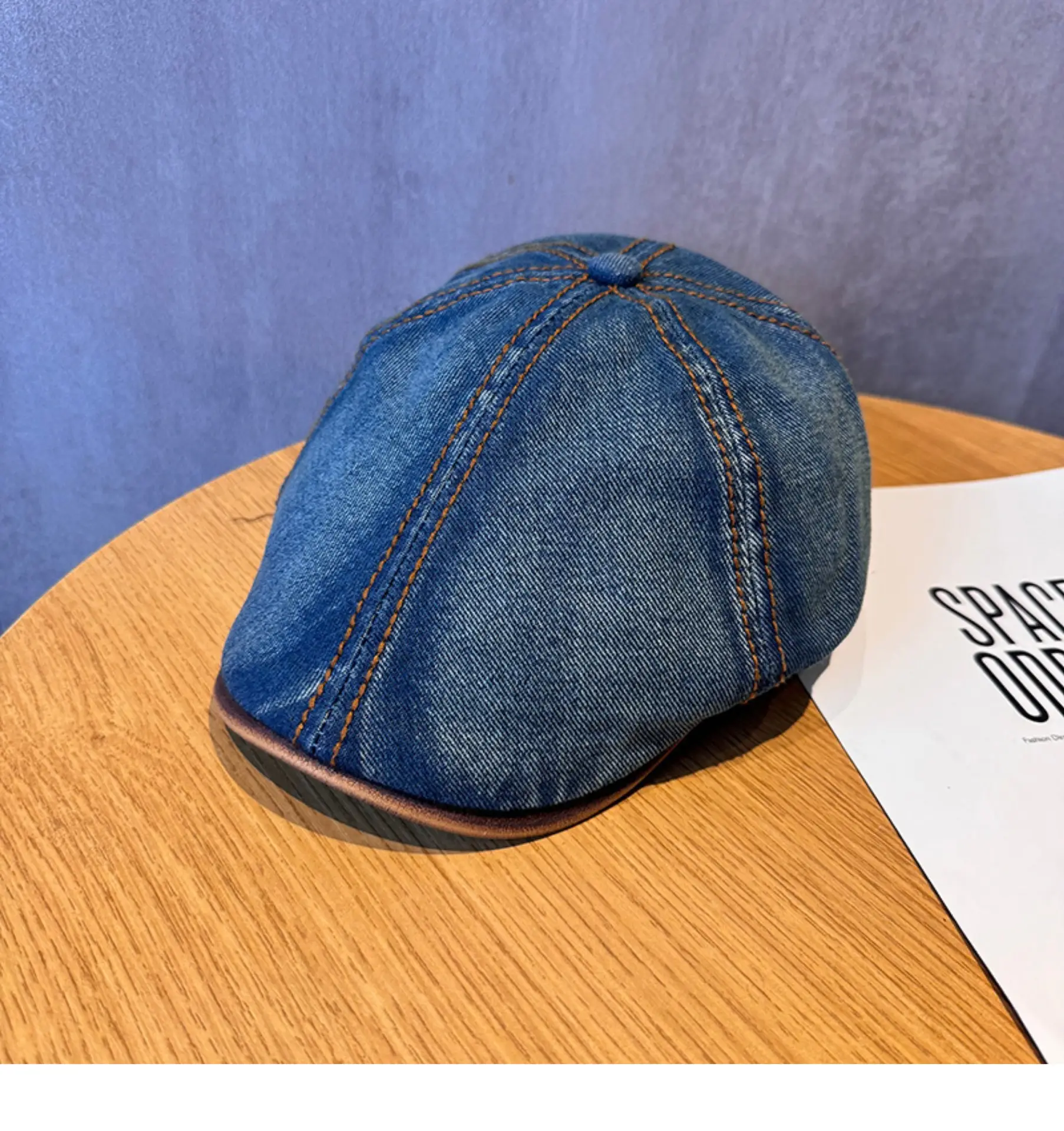 2025 New American Denim Retro Topstitched Leather Brim Forward Hat Women's Peaked Cap Beret Newsboy Hat Trendy Men - Image 3