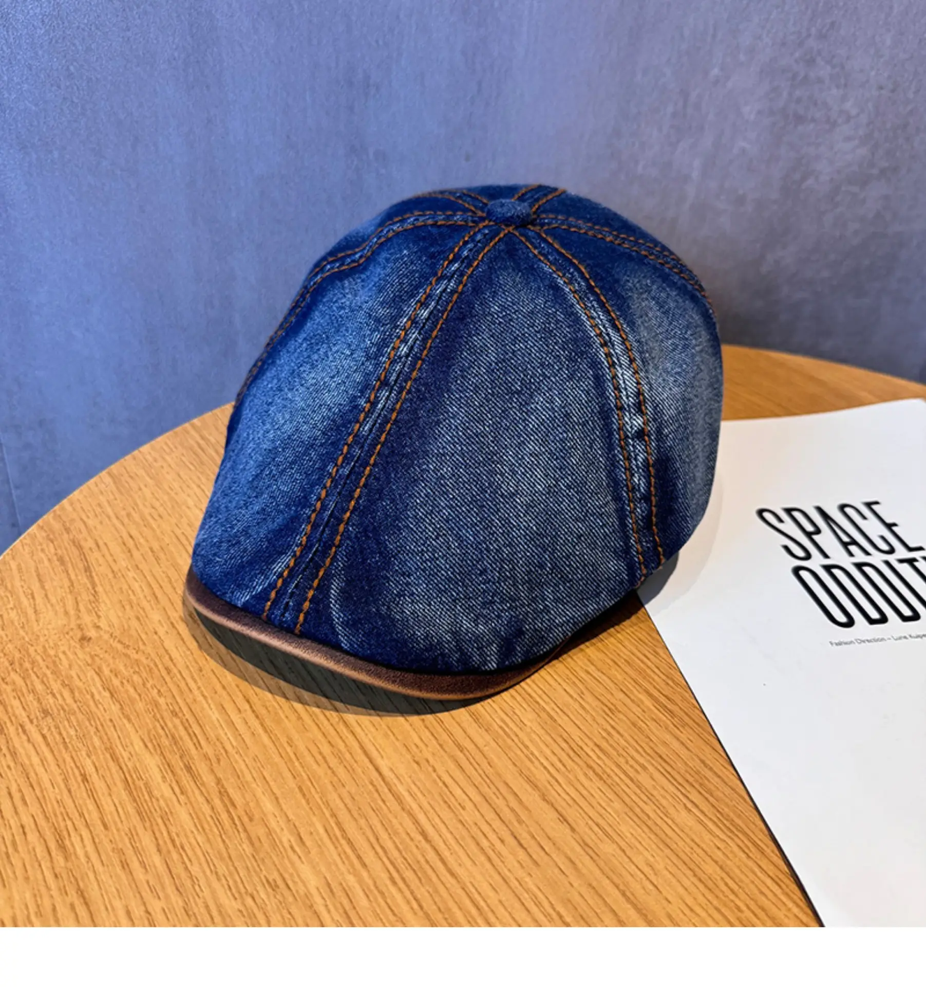 2025 New American Denim Retro Topstitched Leather Brim Forward Hat Women's Peaked Cap Beret Newsboy Hat Trendy Men - Image 4