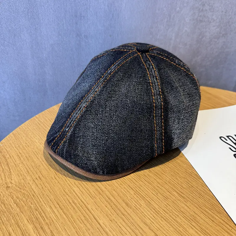 2025 New American Denim Retro Topstitched Leather Brim Forward Hat Women's Peaked Cap Beret Newsboy Hat Trendy Men - Image 5