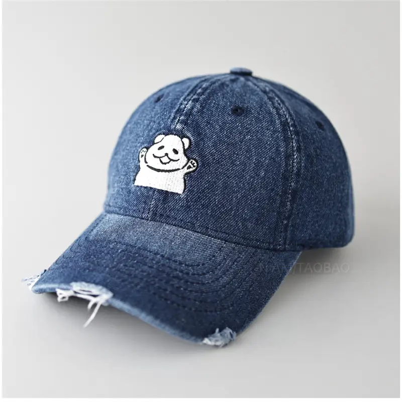 Women Denim Cap with Cute Bear Embroidery - Image 2