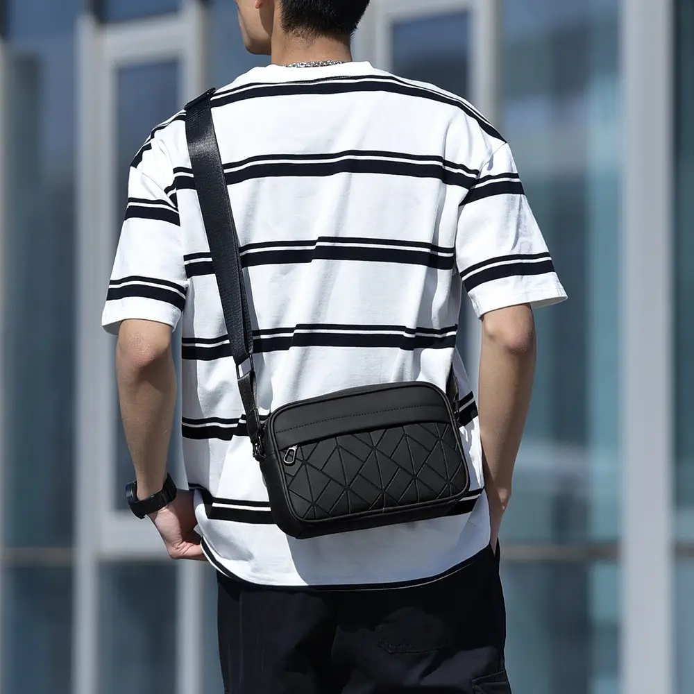 Trendy Men's Crossbody Bags Black Purple Quilted Leather - Image 6