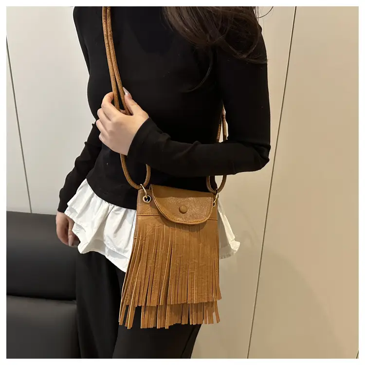 Tassel Crossbody Bag for Women, Brown Fringed Shoulder Crossbody — feature 21