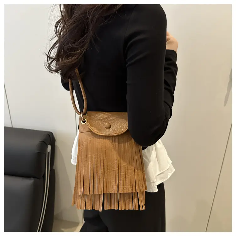 Tassel Crossbody Bag for Women, Brown Fringed Shoulder Crossbody — feature 22