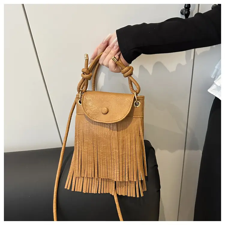 Tassel Crossbody Bag for Women, Brown Fringed Shoulder Crossbody — feature 24