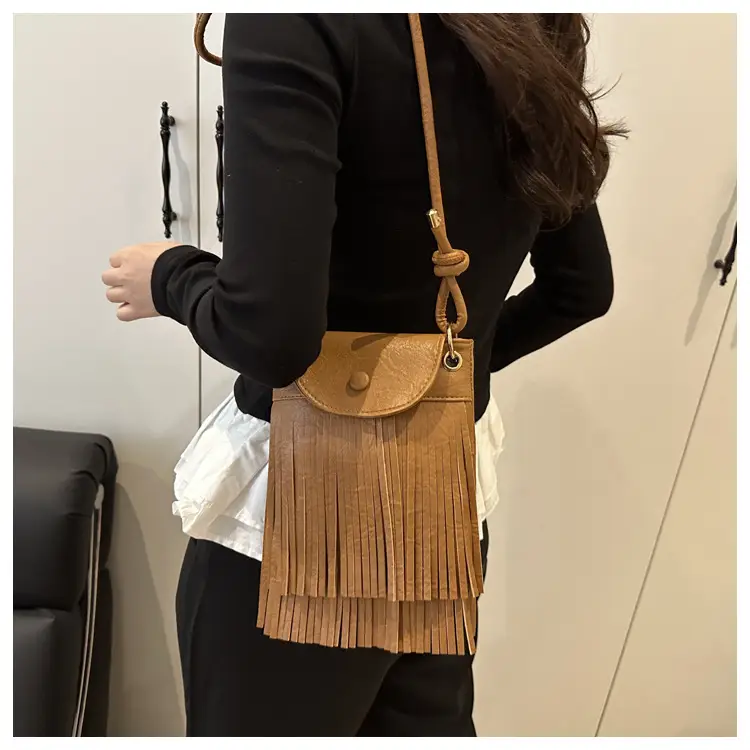 Tassel Crossbody Bag for Women, Brown Fringed Shoulder Crossbody — feature 27