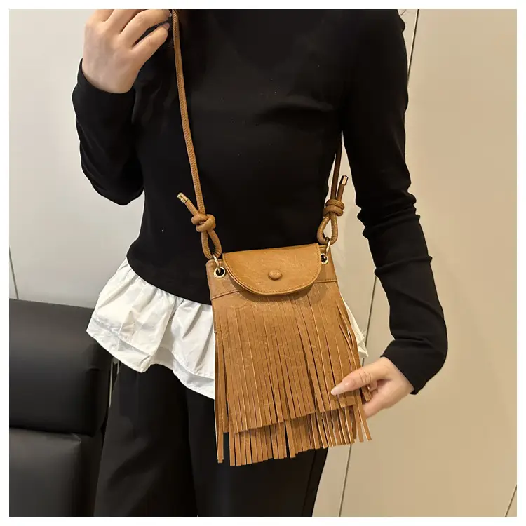 Tassel Crossbody Bag for Women, Brown Fringed Shoulder Crossbody — feature 28