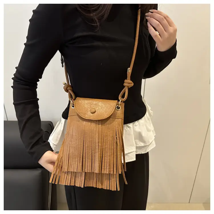 Tassel Crossbody Bag for Women, Brown Fringed Shoulder Crossbody — feature 29