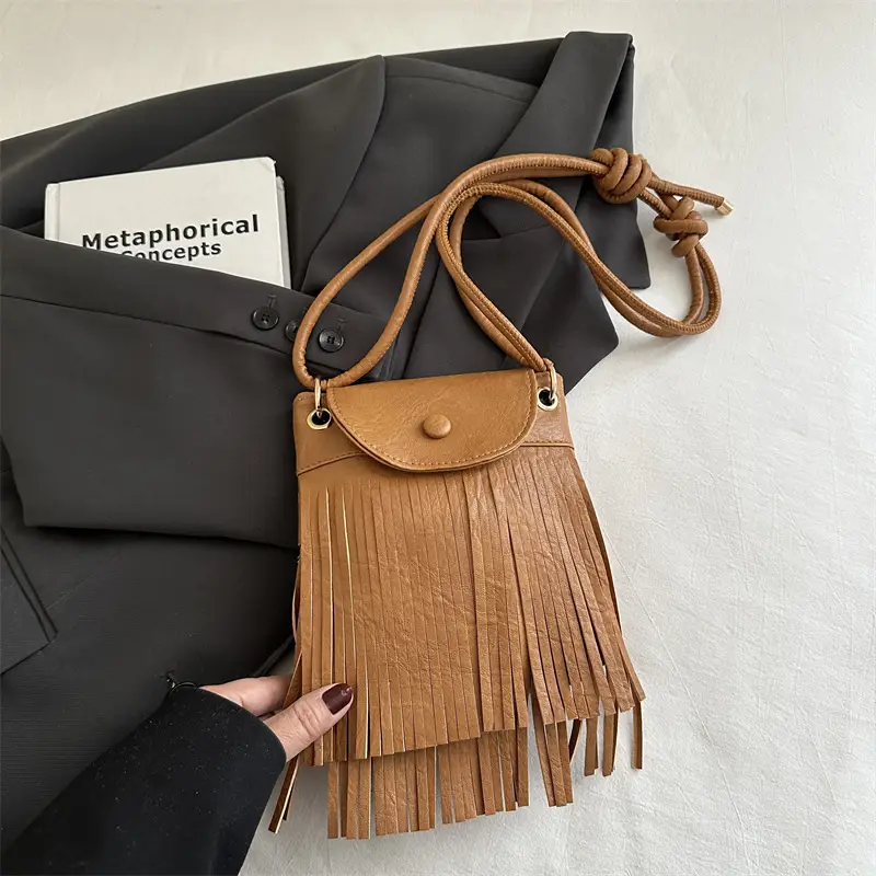 Tassel Crossbody Bag for Women, Brown Fringed Shoulder Crossbody - Image 2