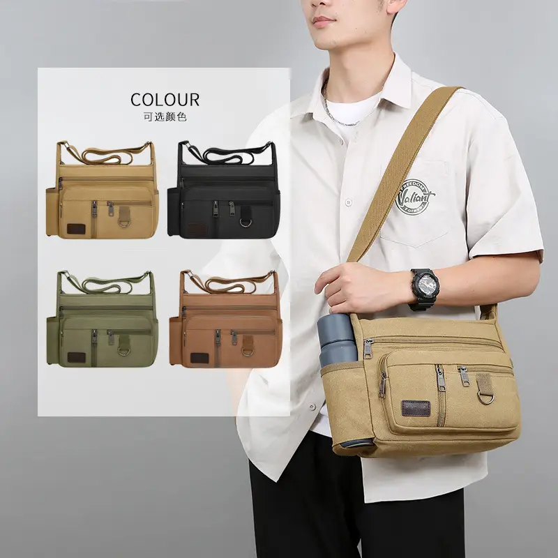 Men's Canvas Shoulder Bag with Water Cup Storage & Crossbody - Image 8