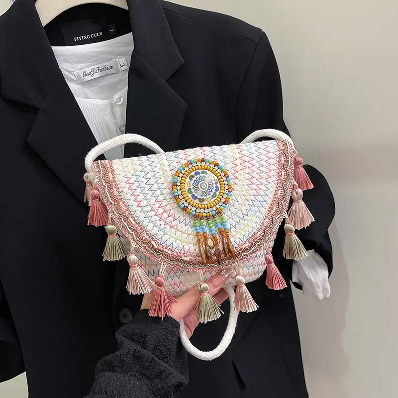2025 Ethnic Straw Clutch Bag with Tassels - Image 4