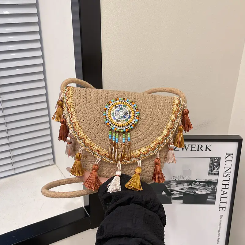2025 Ethnic Straw Clutch Bag with Tassels - Image 5