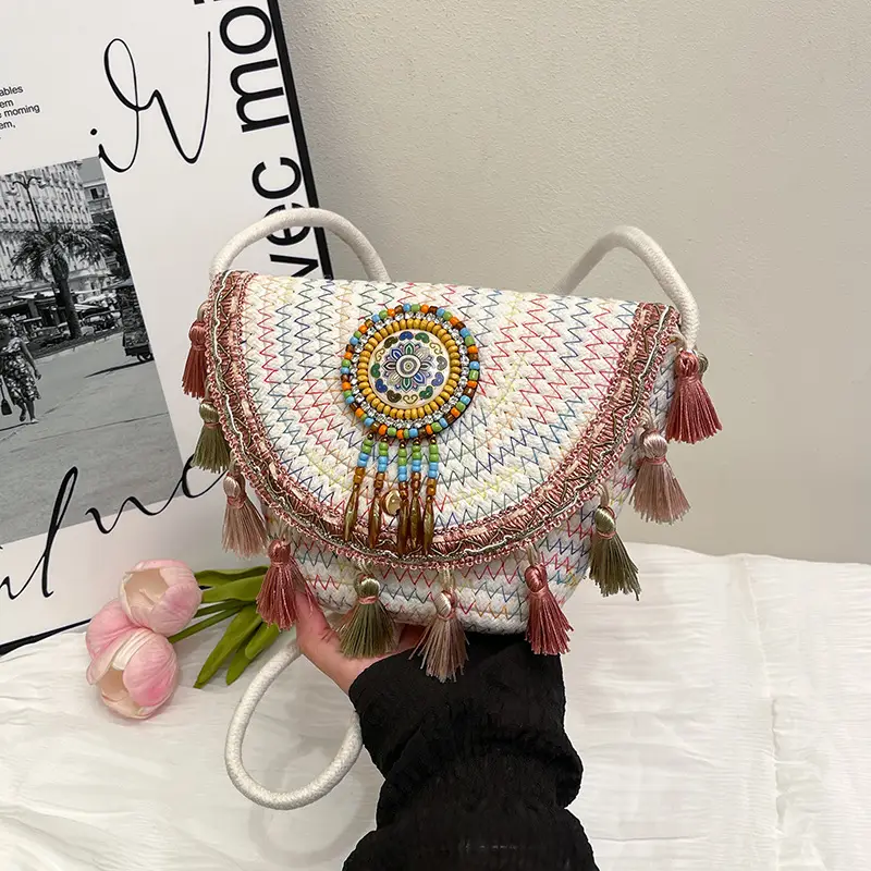2025 Ethnic Straw Clutch Bag with Tassels - Image 6