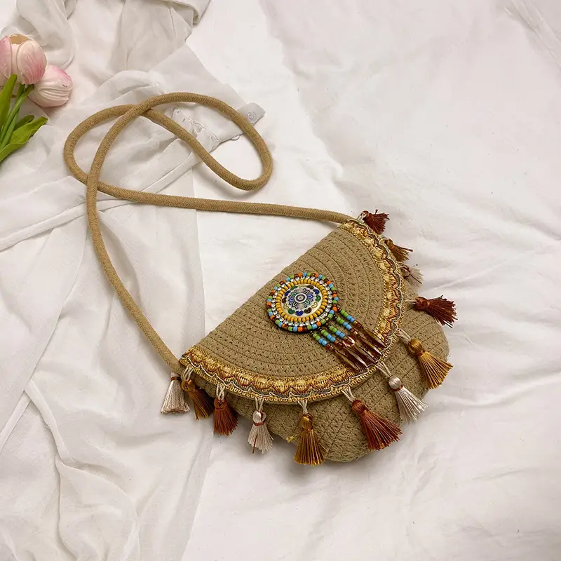 2025 Ethnic Straw Clutch Bag with Tassels - Image 3