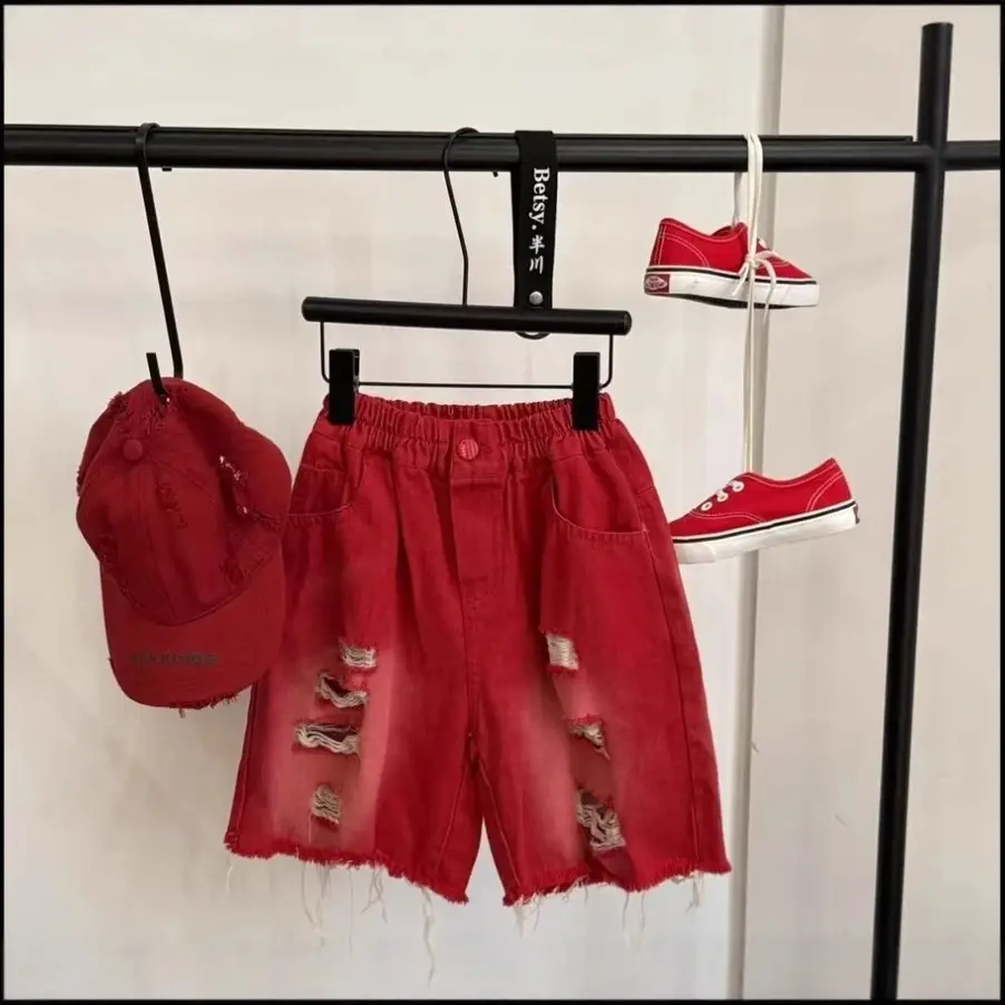 Kids Red Rough Denim Shorts Set Summer 2025 - Image 2