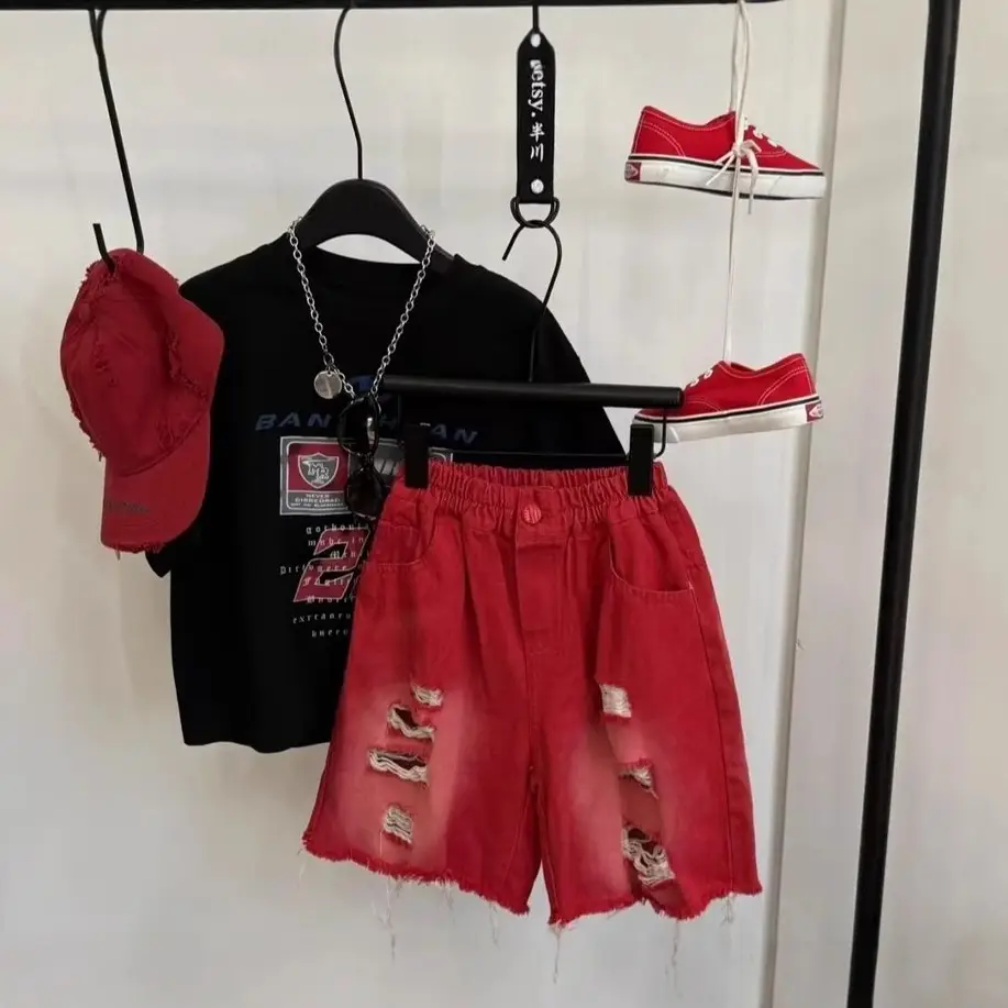Kids Red Rough Denim Shorts Set Summer 2025 - Image 3